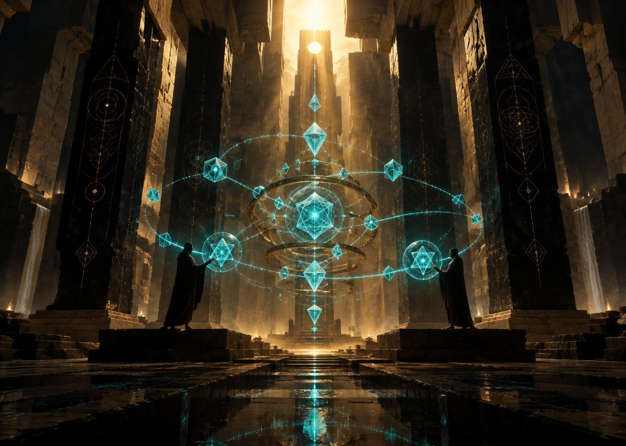Two figures in a vast temple hall shaping luminous turquoise geometric constructs that orbit and interact between them