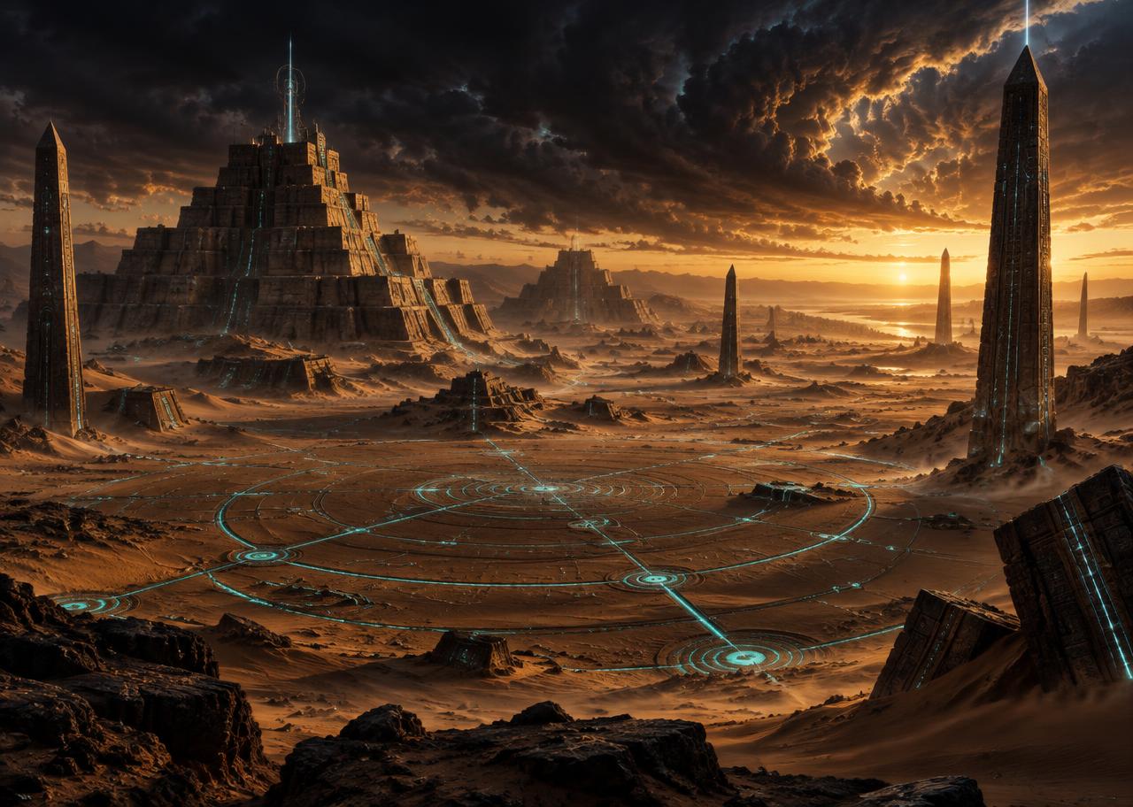 A vast dusk desert of half-buried ziggurats and obelisks, turquoise energy lines forming an enormous astronomical diagram in the sand